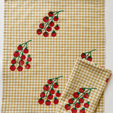 linen dinner napkins. tomatoes on gingham. hand block printed. placemats / tea towel. blue and red. boho home. hostess housewarming gift. 