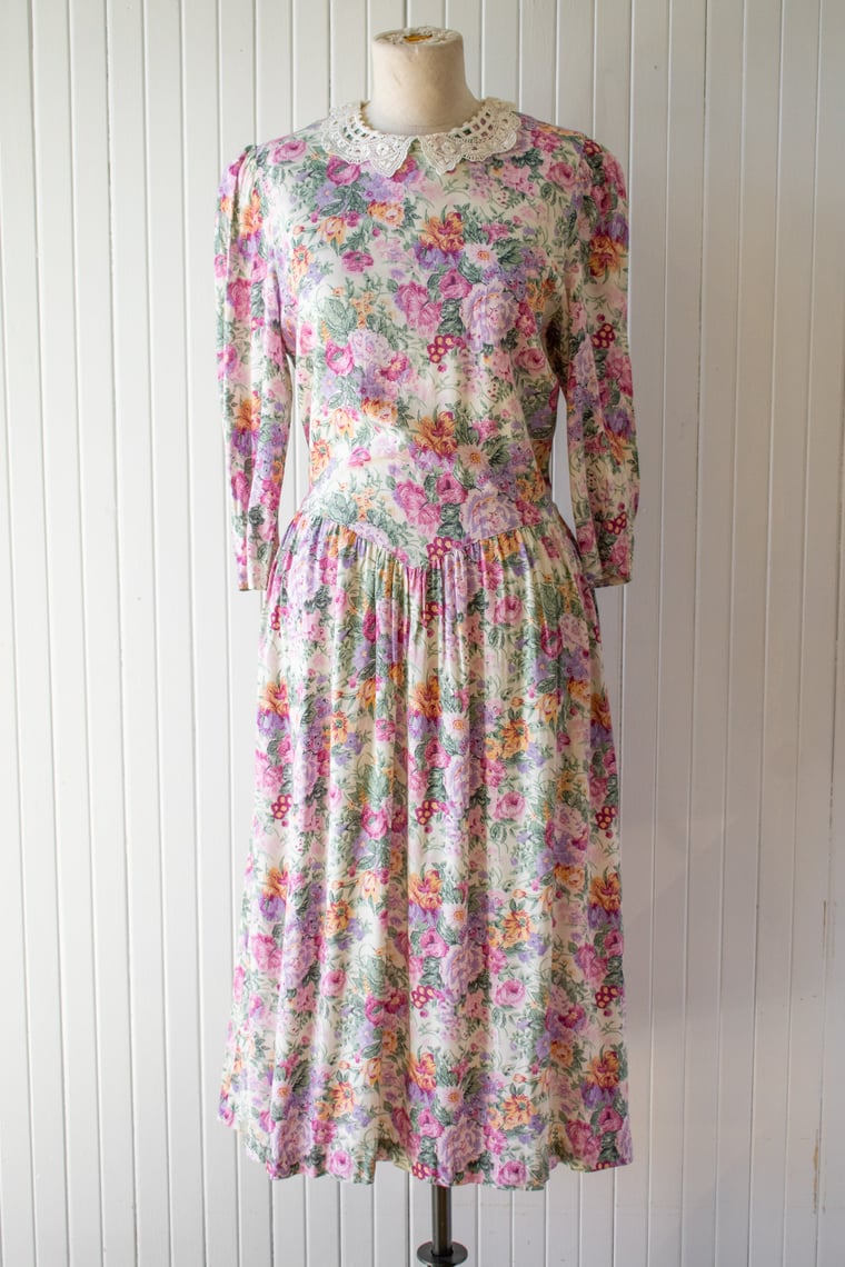 Vintage 1990s Karin Stevens Collared Floral Dress M | We Thieves ...