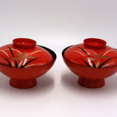 vintage red lacquer rice bowls made in Japan 