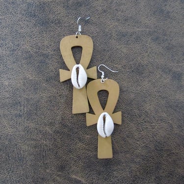 Large Afrocentric ankh earrings, Egyptian earrings, fertility symbol, cowrie shell 