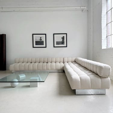 WHITE &amp; CHROME DEEP TUFT MODULAR SECTIONAL SOFA BY HARVEY PROBBER, 70's