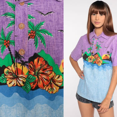 Hawaiian Shirt Tropical Shirt 70s PALM TREE Blouse Floral Shirt Button Up Shirt 1970s Vacation Top Beach Color Block Blue Purple Medium 