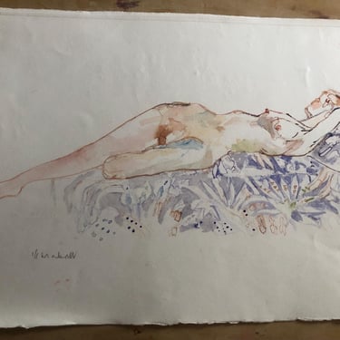 Vintage Figurative Reclining Nude Woman, Watercolor Painting on heavy Rives French paper, signed and dated 1998, LGBTQ gift 