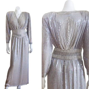 1980s silver sequined gown by Judith Ann Creations 