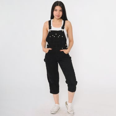 90s Black Corduroy Overalls 1990s Cropped Straight Leg Pants Baggy Bib Cargo Vintage Arizona Jean Company Dungarees Extra Small xs Petite 