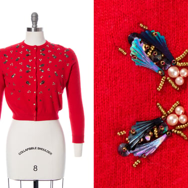 Vintage 1950s Cardigan | 50s Fly Insect Novelty Knit Red Cashmere Beaded Sequin Cropped Sweater Top (x-small/small/medium) 