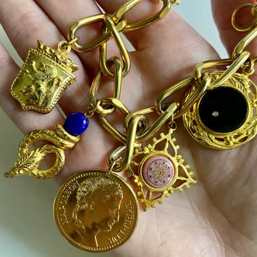 70s Gold Coin Lion Snake Charm Bracelet