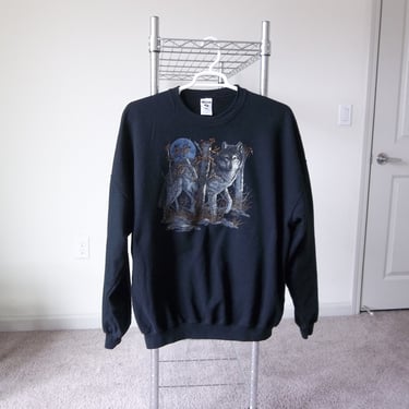 Vintage black Sweatshirt Wolf 1990s 1980s 3Xl Jerseys Faded Distressed Preppy Grunge Unique Casual Street Clothing 