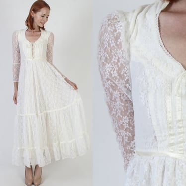 All White Gunne Sax Boho Wedding Dress, Romantic Renaissance Bridal Collection Gown, Lace Up Corset Tie Bodice - Size 5 