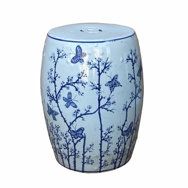 Chinese Blue & White Porcelain Round Flower Butterflies Table Stool cs7003E 