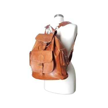 Vintage Leather Backpack / 1970s Boho Hippie Backpack / Natural Brown Leather Bag with Buckle / Minimalist Drawstring Closure Bucket Bag 