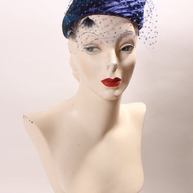 Deadstock 1950s 1960s Royal Blue Velvet and Peacock Feather Blue Veil Formal Hat by Chandra for Montaldo’s 