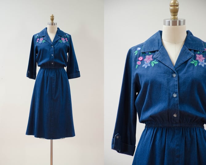 embroidered denim dress | 90s vintage romantic floral cottagecore fit and flare shirtwaist jean dress 
