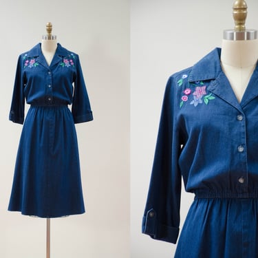 embroidered denim dress | 90s vintage romantic floral cottagecore fit and flare shirtwaist jean dress 