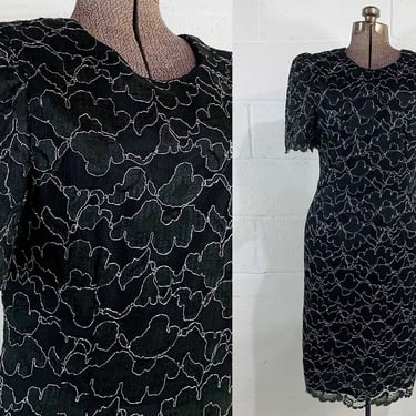 Vintage Black Sparkle Dress Silver Lace Short Sleeve Party Cocktail New Year's Goth Low Back Leslie Fay Evening Medium 1990s 