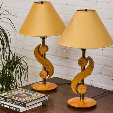 Vintage Carved Wood and Brass Modernist Table Lamp