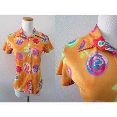 vintage 90s Floral Blouse - Button Up Short Sleeve Top - Bright Flower Print - Flower Power Groovy - Size Small 