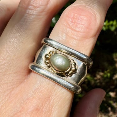 Substantial Chic Artisan Sterling Silver & 14K Pearl Band Ring Signed Sz 7 13.4g 