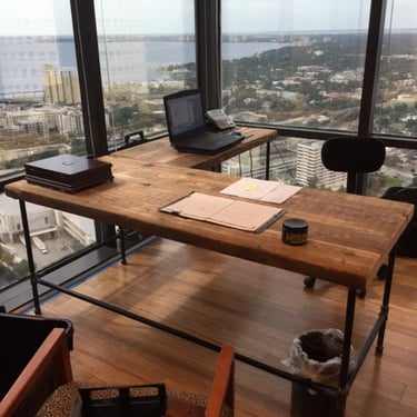 Urban Wood L Shape desk crafted of reclaimed wood with pipe legs or square steel legs 