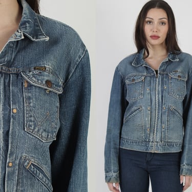 Wrangler Sanforized Zip Up Denim Jean jacket Size 44, Vintage 60s Mens Chore Coat Size 44 
