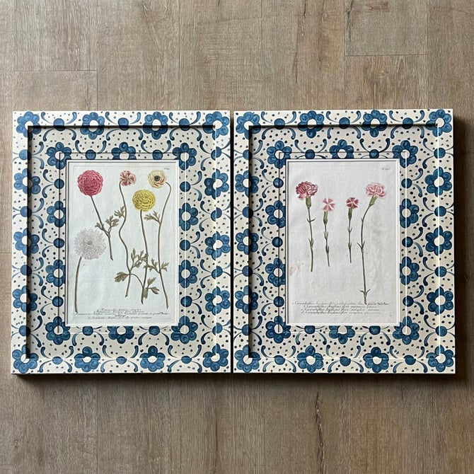 Pair of Johan Weinmann Botanicals Ranunculus and Carnations in Blue Flower Gusto Painted Matts and Frames Copy