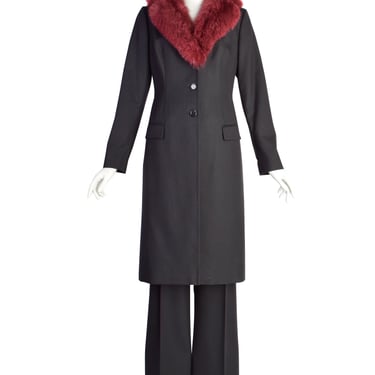 Dolce & Gabbana Vintage AW1997 Runway Charcoal Burgundy Pinstripe Fox Fur Coat and Pant Suit Set