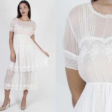 Edwardian Maxi Dress / White 1900s Victorian Wedding Dress / Vintage Sheer Floral Lace Dress / Antique Tiered Tea Lawn Bridal Dress 