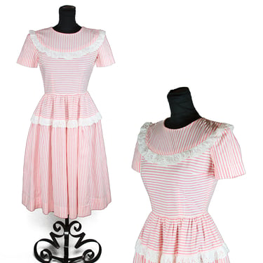 1940s Dress // Pink White Striped Eyelet Lace Ruffle Puff Sleeve Cotton Dress 