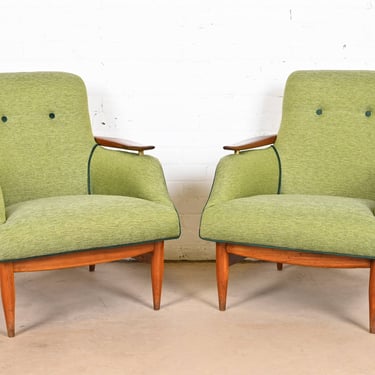 Finn Juhl Danish Modern Upholstered Teak Lounge Chairs, Pair