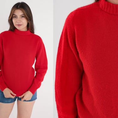 Red Sweater 70s Mock Neck Sweater Acrylic Knit Sweater Raglan Sleeve Pullover Jumper Plain 1970s Vintage Small S 