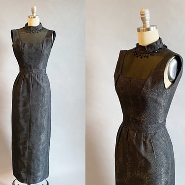 1960's Black Gown / Feather Print Dress / 1960s Evening Dress / Wiggle Dress / Bombshell Dress / Size XS Extra Small 