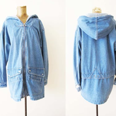 90s Baggy Hooded Denim Jacket Large - Oversized Vintage 1990s Blue Jean Windbreaker Coat Seersucker Stripe  - 90s Streetwear 