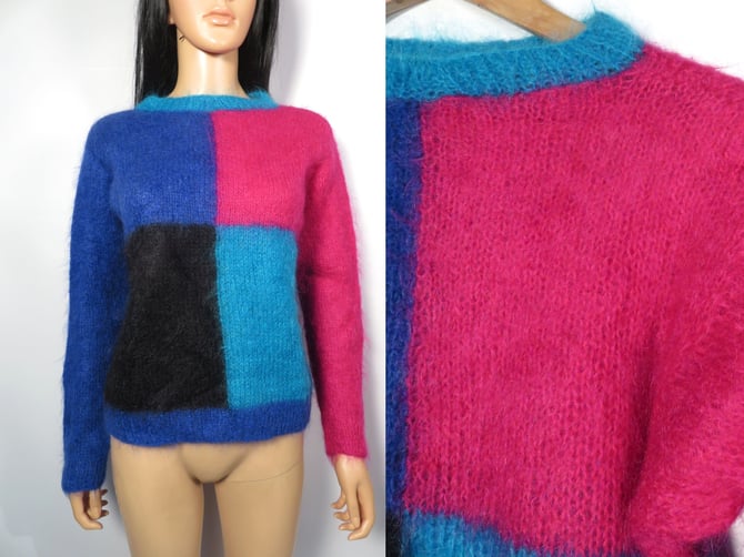 Vintage Funky Color Block Mohair Hand Knit Pullover Sweater Size S/M 