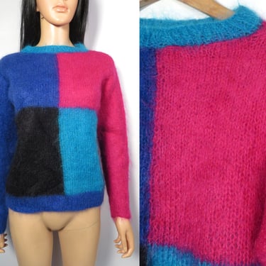 Vintage Funky Color Block Mohair Hand Knit Pullover Sweater Size S/M 
