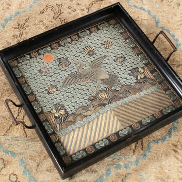 Antique Chinese Metallic Silk Kesi (tapestry) Rank Badge Fine Textile Tray w/glass 
