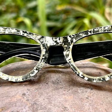 Vintage Cat Eye Glasses No Lens Silver Sparkle Glitter Black Frame Retro Style 1950s 1960s 