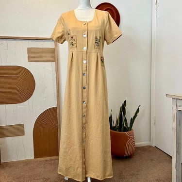 Vintage 90s Cotton Yellow Garden Patchwork Button Front Summer USA Made Dress 