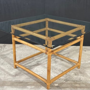 Vintage Boho Chic Bamboo Rattan Glass Top Side Table 