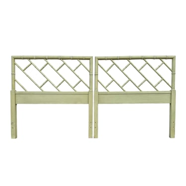 Chinese Chippendale Twin Headboards by Henry Link Bali Hai - Set of 2 Vintage Green Faux Bamboo Fretwork Full Chinoiserie Coastal Pair 