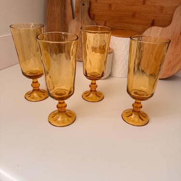Vintage Amber Hazel Atlas El Dorado Thumprint Footed Tall Wine Glasses | Set of 4 