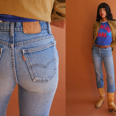 Vintage Distressed Orange Tab Levis Jeans/ 1980s High Waisted Straight Leg Denim/ Size Small 30 