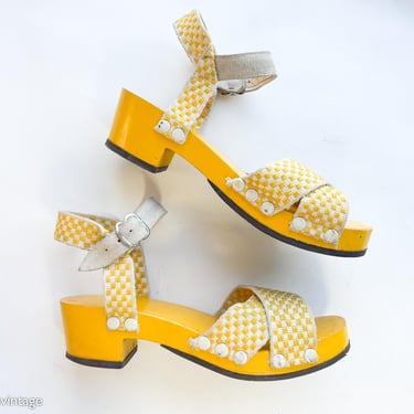 1940s Yellow Wooden Sandals | 40s Yellow & White Strap Sandals | PANCO | Size 7 