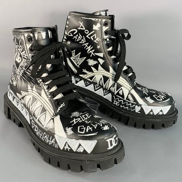 DOLCE & GABBANA Size 8 Black White Painted Chunky Lug Sole Combat Boots