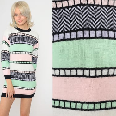 Vintage Geometric Striped Sweater 80s 90s Longline Micro Mini Dress Knit Pullover Sweater Crewneck Pink Mint Green Navy 1980s Small xs 