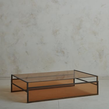 Modernist Amber Glass Coffee Table with Iron Block Frame, France 20th Century
