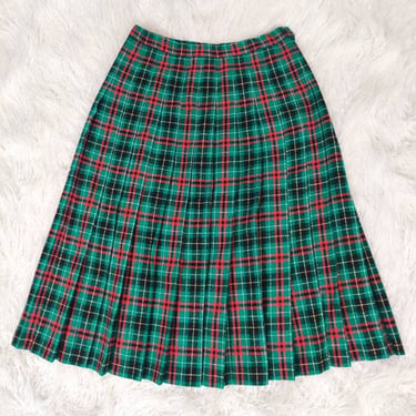 Vintage 70s 80s Red and Green Plaid Kilt Skirt // Pleated Knee Length Wool 