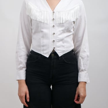 1990s White Western Fringe Button Up Blouse by Banjo