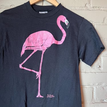 Vintage 1980s Black Flamingo T-shirt, Hanes Tee, Pink 