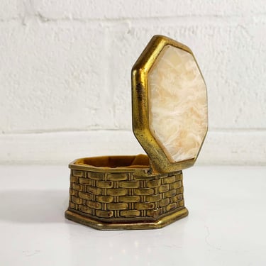 Vintage Octagon Jewelry Music Box Basketweave Brass Metal Roses Made in Japan Case Velvet Vanity Retro Storage Rose Yellow 1950s 