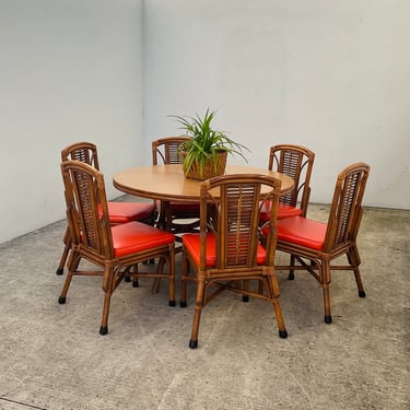 Orange Leather and Rattan Table Set with 6 Chairs